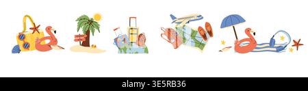 Summer vacation and travel items compositions set. Luggage elements on globe, Beach accessories, tropical coastal illustrations set. Flamingo floating Stock Vector