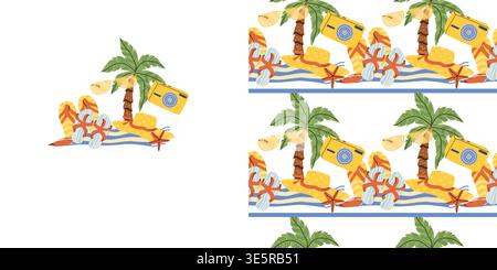 Set of summer vacation coastal concept illustration Palm and flip flops, towel, camera with seamless pattern. Tropical beach seaside elements and summ Stock Vector