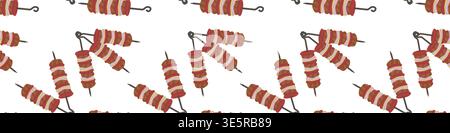 BBQ kebab seamless border pattern isolated on white. Barbeque meat kebab on skewer. Vector illustration in cartoon flat style. Stock Vector