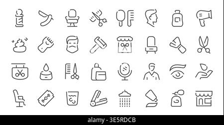 Barbershop icons set line style. Barber tools, haircut, beard, shaving vector collection symbols Stock Vector