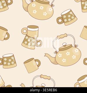 Cozy Seamless Pattern with Handcrafted Ceramic Teapots and Cups. Artisan Unique Handmade Pottery Teaware on Beige Background. Kitchenware Template for Stock Vector