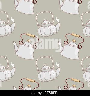 Seamless Pattern with Vintage Metal Kettles on Green Background. Retro Enamelware Teapots Kitchen Print. Nostalgia Kitchenware Farmhouse Decor. Vector Stock Vector