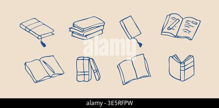 Hand drawn book doodle set with open books stack and reading icons Stock Vector