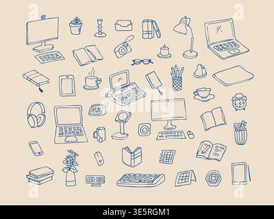 Home office workspace doodle set with computer laptop books and desk accessories Stock Vector
