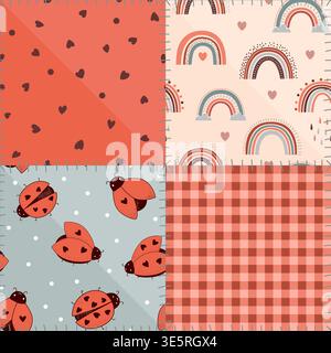 Seamless patchwork pattern with kawaii ladybugs, hearts, polka dot, gingham, and stylized sews. Vector illustration. Stock Vector