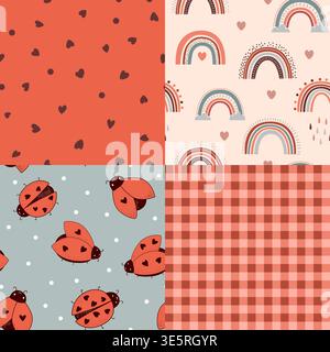 Seamless patchwork pattern with kawaii ladybugs, hearts, rainbows, gingham, and stylized sews. Vector illustration Stock Vector
