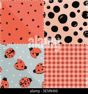 Seamless patchwork pattern with kawaii ladybugs, hearts, polka dot, gingham, and stylized sews. Vector illustration. Stock Vector