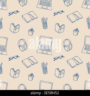 Seamless home office doodle pattern with laptop headphones books and workspace elements Stock Vector