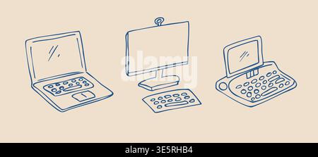 Doodle device set with laptop computer tablet and keyboard hand drawn tech icons Stock Vector