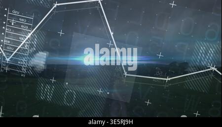 Displaying white polygonal line graph crossing dim horizon, showing currency axis, blue flare Stock Photo
