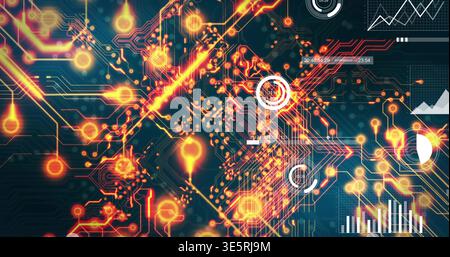 Showing glowing circuit traces flowing on digital dashboard, featuring node clusters and readouts Stock Photo