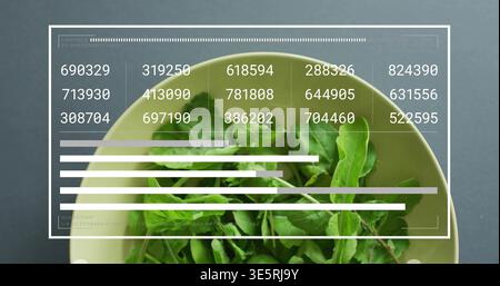 Showing pale green bowl holding arugula on dark table with white overlay, six-digit labels and bars Stock Photo