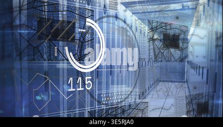 Showing layered server rack corridor merging with circular HUD overlay in data center, with 115 Stock Photo