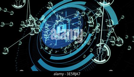 Displaying central padlock icon pulsing within hexagon on dark network interface, with HUD rings Stock Photo
