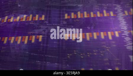 Displaying two parallel rows orange bars over cityscape with violet overlays, window grids and blur Stock Photo