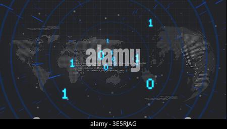 Displaying dotted world map with radar rings scanning on dashboard, showing binary digits and code Stock Photo