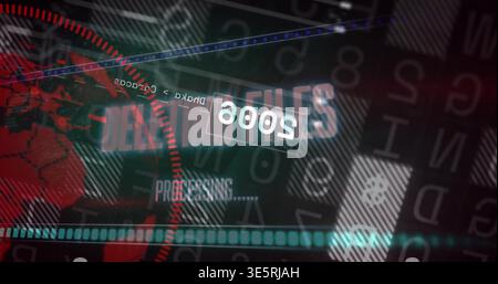Displaying HUD panel in dark HUD, showing inverted readout, red globe, PROCESSING Stock Photo