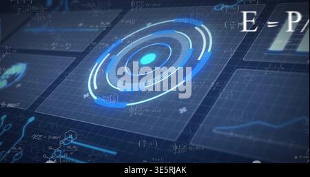 Rotating circular HUD with glowing node centering on virtual grid panels, showing rings, ticks Stock Photo
