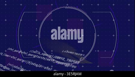 Displaying large concentric HUD ring glowing in virtual UI, plus-sign grid and blurred code Stock Photo