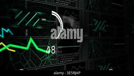 Displaying neon green zigzag graph with small yellow segment and numeric 48 on digital panel wall Stock Photo