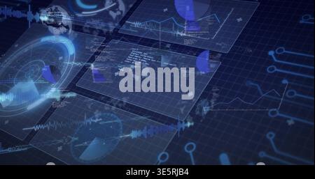 Displaying translucent HUD panels floating over dark grid, showing line graphs, globes, nodes Stock Photo