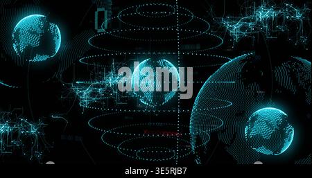 Glowing central point-cloud globe rotating in virtual hub, showing concentric rings, axis, networks Stock Photo