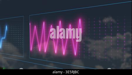 Displaying magenta zigzag waveform in holo dashboard with dotted grid, glowing nodes, cyan chart Stock Photo
