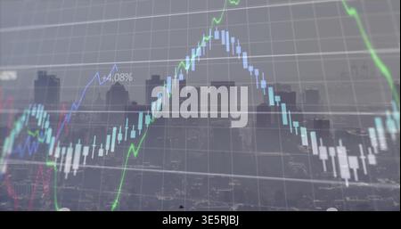 Displaying candlestick chart over city skyline, showing +4 Stock Photo