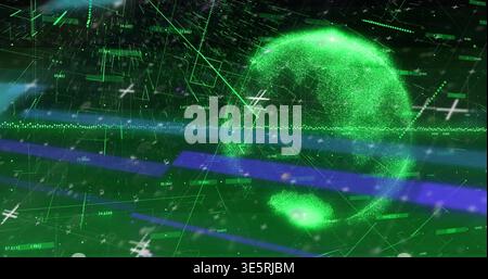 Rotating luminous green particle globe displaying data overlays in virtual HUD, with numeric labels Stock Photo