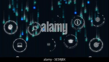 Streaming circular UI icons and binary digits moving on dark striped backdrop, with glowing pixels Stock Photo