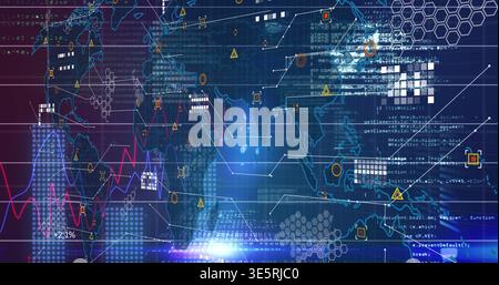 Displaying central world map with hex tiles and connector nodes on dashboard, glowing blue center Stock Photo