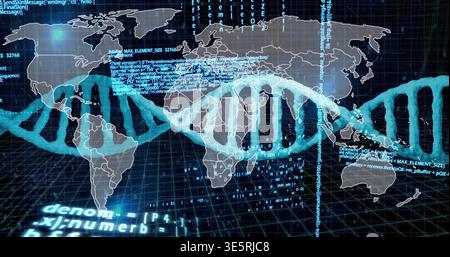 Running cyan-blue double helix crossing virtual world map in infographic space, streaming code Stock Photo