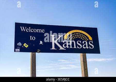 Welcome to Kansas sign on State Highway 25 in Kansas. Stock Photo