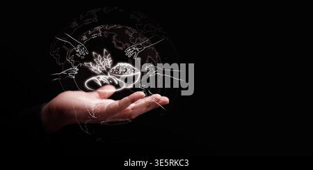 Global food crisis and hunger concept with hand holding bread, rice, grain with reaching hands in a globe. Economic crisis, supply chain issue, social Stock Photo