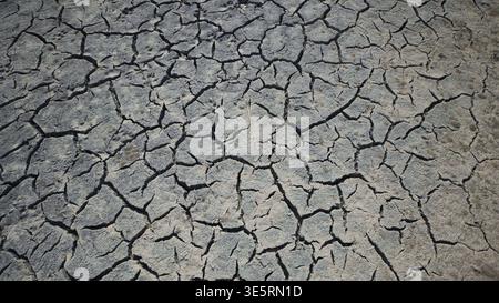 Parched ground revealing deep fissures, signaling severe drought conditions and environmental crisis in crimean landscape Stock Photo