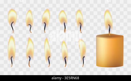 Fire vector light effect, isolated on dark transparent bg. 3d white christmas realistic candle. Glowing flames, set of lit wick. Burning wax memory Stock Vector