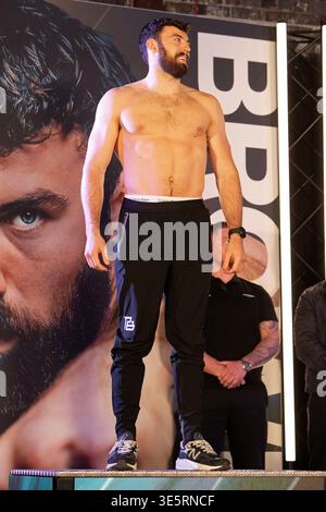 Manchester, UK. 02nd Apr, 2026. Pat Brown during the Weigh-In ahead of the Pat Brown vs Vasil Ducar WBA Intercontinental Cruiserweight Title fight at Freight Island Depot Mayfield, Manchester, England, United Kingdom on 2 April 2026 Credit: Luke Williams/Every Second Media Credit: Every Second Media/Alamy Live News Stock Photo