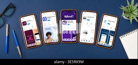 Antalya, Turkey - April 2, 2026: Smartphones displaying popular educational apps on modern blue workspace Stock Photo