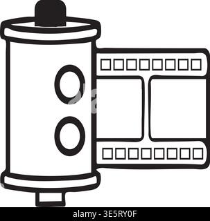 Vintage style 35mm camera film roll canister line art illustration featuring classic negative strips isolated on a white background perfect for photog Stock Vector