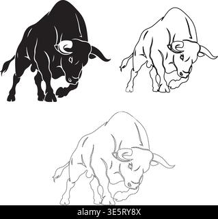 adobestock Custom Gem adobestock said Powerful charging bull silhouette and outline vector set featuring muscular animal illustrations with sharp horn Stock Vector