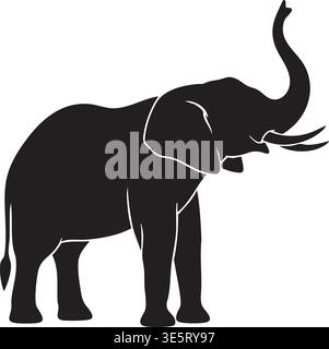 Majestic black elephant silhouette with trunk raised high, standing gracefully, an iconic symbol of strength and wisdom. Stock Vector