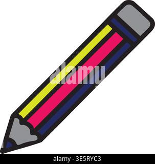 Colorful cartoon pencil illustration featuring vibrant yellow pink and blue stripes with a grey eraser tip isolated on white background ideal for scho Stock Vector