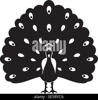 Black silhouette of a peacock with its elaborate tail feathers fanned out, showcasing numerous eye-like patterns. Stock Vector
