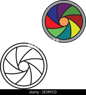 Two camera aperture designs, one in black and white outline and the other filled with vibrant colors, illustrating the iris mechanism. Stock Vector