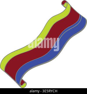 A wavy, three-colored ribbon or scroll with yellow, red, and blue bands, rolled at the ends, against a white background. Stock Vector