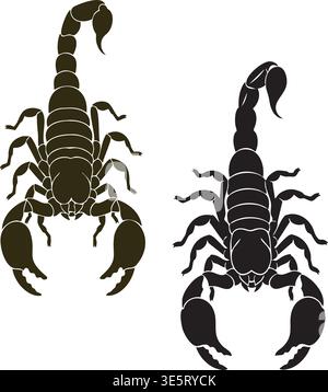 Detailed scorpion silhouettes in black and dark brown featuring sharp stingers and claws isolated on white background perfect for zodiac scorpio symbo Stock Vector