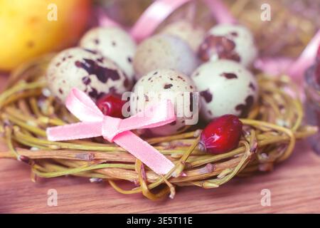 spring composition, nest with eggs near the bunch of heather, Easter. place for text Stock Photo