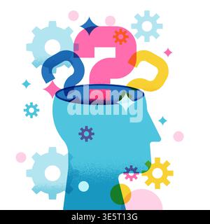 Stylized human head with multicolored question marks and gears. Concept of thinking, confusion, problem solving, decision making, psychology and brain Stock Vector