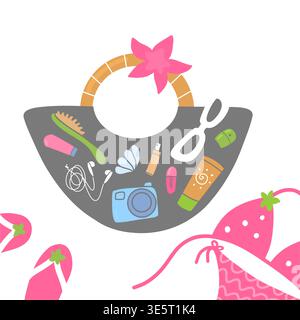 Bright summer beach bag with accessories on white background illustration Stock Vector