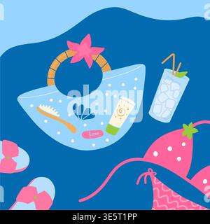 Night beach scene with bag and accessories flat illustration Stock Vector